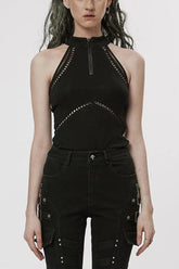 Schwarze schulterfreie, hohle Nähte, schmale Mesh-Steampunk-Weste für Damen